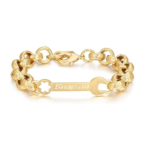 Gold 12mm Spanner Belcher Bracelet for Men - Luxury Finish Detailing 18K Real Gold Plated Jewellery - Chunky Bracelet with Unique Pattern Links(Length: 8) - Bling King London