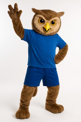 Eamior Vivid Brown Owl Mascot Costume for Adults Men & Women in Blue-T with Built-in Fan Inside the Head