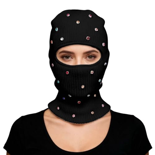 2026 Gorro de punto cálido, a prueba de viento frío, gorro de equitación con pedrería, suéter integrado, Negro , talla única
