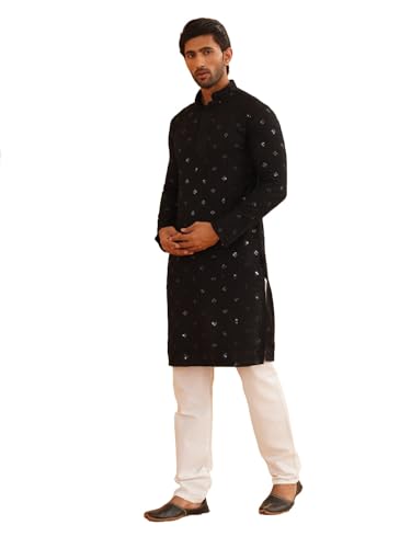 Image of SOJANYA (Since 1958 Men's Cotton Embroidered Sequinned Kurta with white Churidaar Pyjama