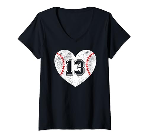 Donna Baseball Heart Player #13 Baseball Mamma Papà Varsity Team Maglietta con Collo a V