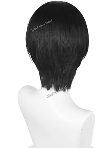 Image of Short Black Emo Wig Black Straight Anime Cosplay Wig with Bangs for Women | Black Center Part Punk Singer Costume Wigs Synthetic Hair for Halloween Party Costumes Daily