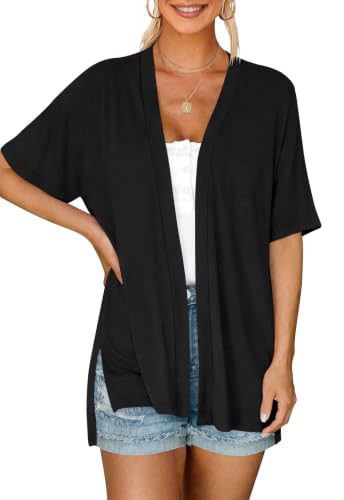 Yincro Women's Short Sleeve Cardigan Summer Lightweight Open Front Casual Soft Cardigans (Black, XL)