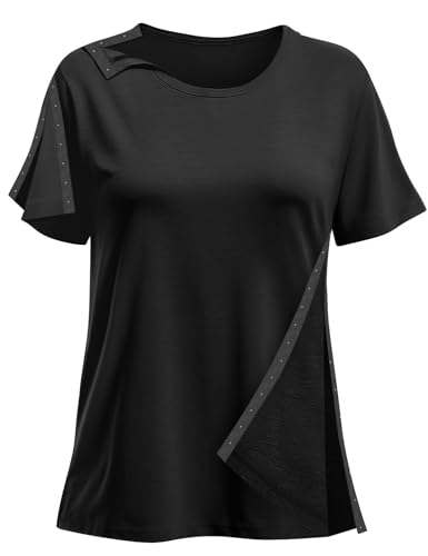 Hemden für Damen nach der Schulter, kurze Ärmel, voller Schnappverschluss, offener Arm, Schultern, Erholungskleidung, Chemo-Kleidung, Schwarz (04), Klein