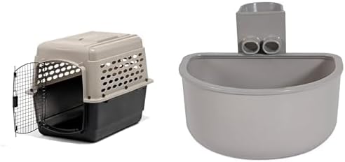 Petmate Vari Dog Kennel 32 Inches (Taupe/Black) with Large Kennel Bowl Bundle - Airline-Friendly Portable Dog Carrier with Attachable Food & Water Bowl