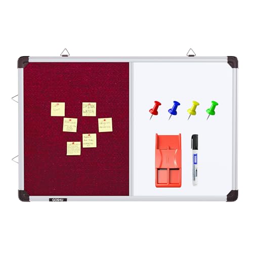 Image of GOSHU Combination 60 cm x41 cm Non Magnetic White Board with Maroon Pin-up Notice Board Includes 1 Duster, 1 Marker and 50 Push up pins for Home, Office & School (Maroon, 60x41 cm, Pack of 4 Items)