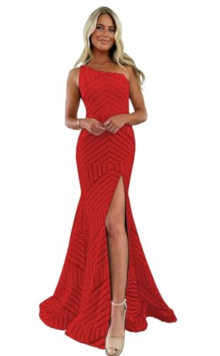 One Shoulder Mermaid Sequin Prom Dresses for Women Long Formal Evening Gown with Slit