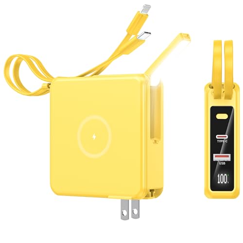 penaover Portable Charger with Built-in Cables&AC Wall Plug, 10000mAh Wireless Charging(No-Magnetic) Power Bank, PD 22.5W Fast Charging USB C Battery Pack for iPhone 16/15/14 Samsung S23 S22 Android