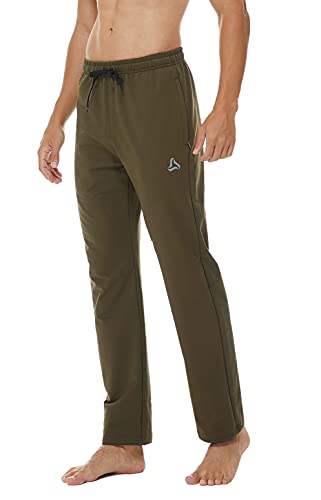 SILKWORLD Men s Cotton Yoga Sweatpants Athletic Lounge Pants Open Bottom Joggers Straight Leg Running Casual Pants for Men with Pockets（ArmyGreen,Large）
