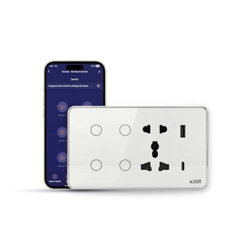 Image of AZIOT Smart Premium Toughened Glass Touch Switch Panel | Elevate 4 Module (4 Switch + Socket) | WiFi + BLE | No Hub Required | Compatible with Alexa, Google Assistant & Siri | White
