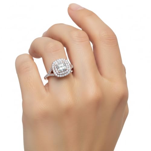 Image of Choose Your Gemstone Delicate Double Halo Diamond CZ Ring Rose Gold Plated Princess Shape Halo Engagement Rings Matching Jewelry Wedding Jewelry Easy to Wear Gifts US Size 4 to 12