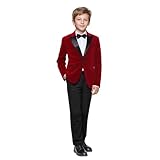 Boyland Boys Tuxedo Suit Velvet Peak Lapel Vintage 2 Pieces Slim Fit Jacket Pants Suit Set Prom Party Red
