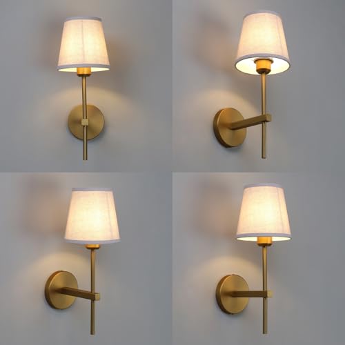 Image of Phansthy Hardwired Brass Boho Wall Sconce, 1-Light Vintage Industrial Wall Lamp, Vanity Wall Lighting with Natural Linen Fabric Shade for Bathroom Bedroom Living Room (Antique Gold)
