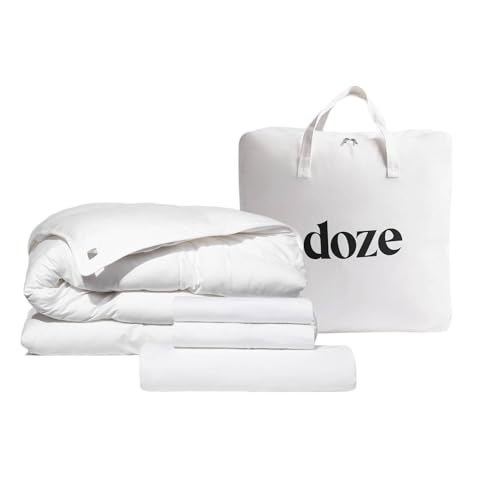 Doze Percale Duvet Bundle. Three-Sided Zipper Opening. Corner Snap System. Luxury Duvet Cover, Zipper Pillow Shams & Down Alternative Insert. Twin Queen or King. Oversized (Snow, Full/Queen)
