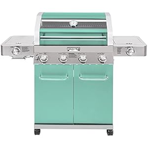 Monument Grills Larger 4-Burner Propane Gas Grills Stainless Steel Cabinet Style with Clearview® Lid, Knob Controls, Built-In Thermometer, and Infrared Side Sear & Side Burners, Green Green