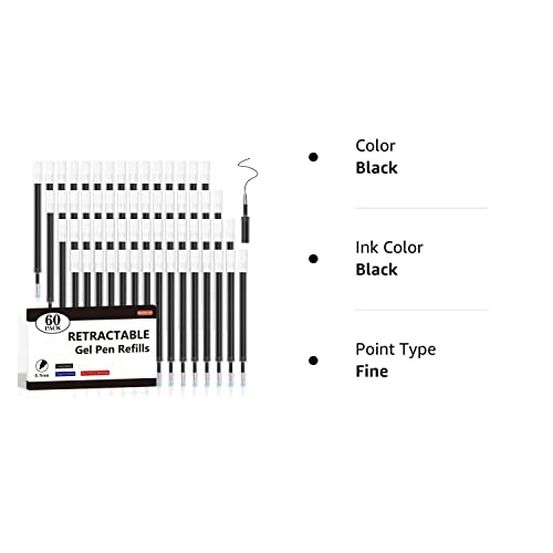 Retractable Gel Pen Refills, Shuttle Art 60 Pack Black Rollerball Gel Ink Pens Refills, Bulk Set, 0.7Mm Fine Point For Writing Journaling Taking Notes School Office Home #TOP7