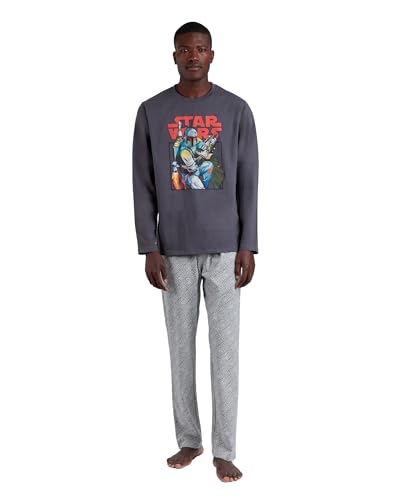 Star Wars Pijama Hombre Invierno Algodón y Poliéster – Pijama Hombre Manga Larga con Camiseta 100% Algodón, Pantalón 93% Algodón 7% Poliéster, Estampado Boba Fett, Cinturilla Ajustable, Gris, Talla L