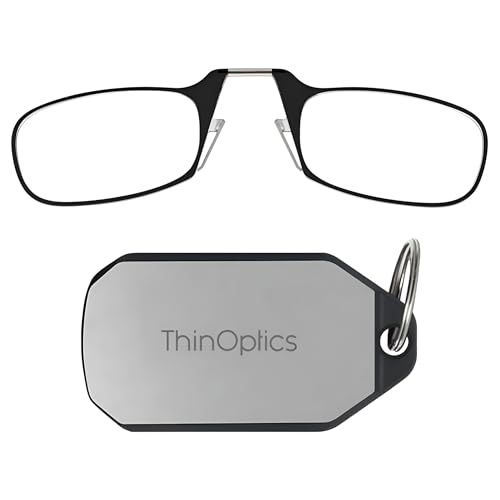 ThinOptics Folding Reading Glasses 1.0 1.5 2.0 2.5 with Keychain Case - Slim, Compact & Foldable Spectacles with Black Frame - Armless Nose Clip Readers for Men & Women – Thin design with Keyring
