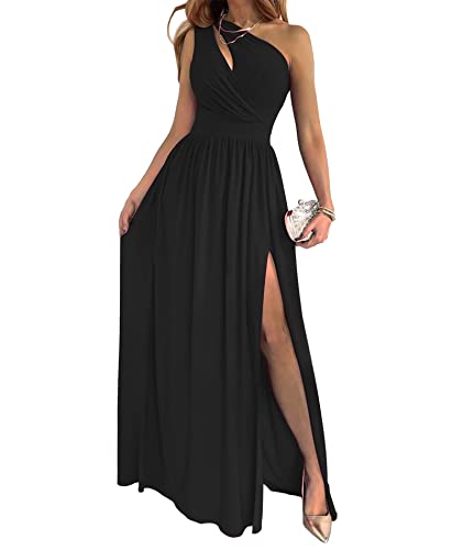 ECDAHICC Women's Sexy One Shoulder Cutout Pleated Maxi Dress Sleeveless High Slit Formal Evening Party Bridesmaid Dresses(BL,2XL) Black