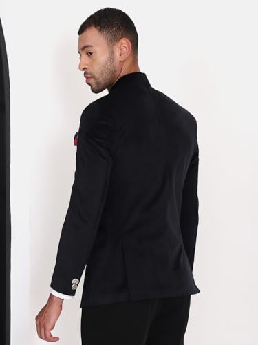 Image of MANQ Men Slim Fit Bandhgala Velvet Blazer - Mandarin Collar, Button Closure, Long Sleeves, Solid Ethnic Winter Wear with Three Pockets for Adults