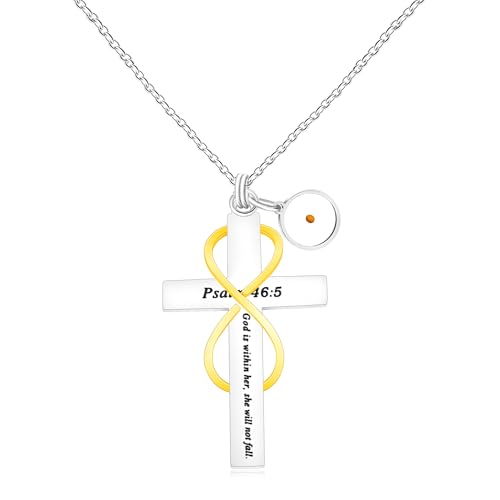 Uloveido God is Within Her, She Will Not Fall Eternal Faith Cross Pendant Necklace - Stainless Steel Infinity Cross Necklace with Round Mustard Seed Charm - Inspirational Gift for Friends