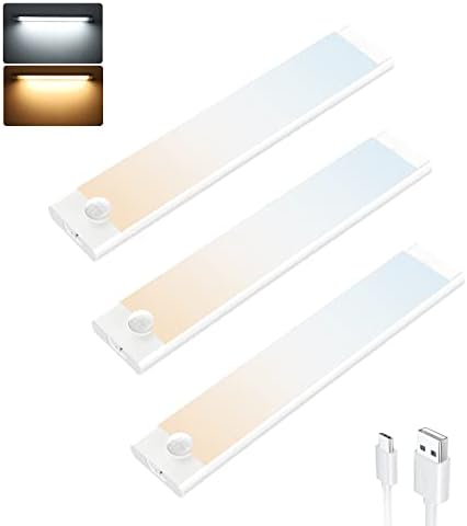 Under Cupboard Kitchen Lights, 2 Color Temps 2000mAh USB Type-C Rechargeable Stepless Dimming Wardrobe Lights, 3 Modes 44 LEDs 3 Pack Cabinet Lights Magnetic Night Light for Closet Stairs Garage
