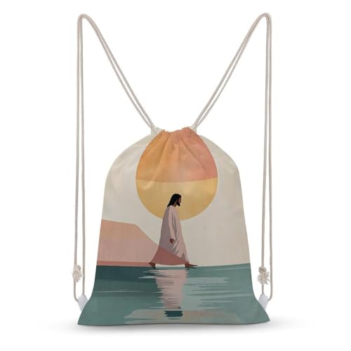 Jesus Walking on The Water Minimalist Drawstring Backpack Canvas String Bag Lightweight Sports Gym Bag for Men Women