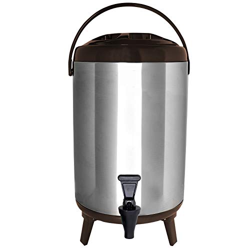 Stainless Steel Insulated Beverage Dispenser – Insulated Thermal Hot and Cold Coffee Carafe – 8 Liter Drink Dispenser with Spigot for Hot Water, Tea & Coffee, Cold Milk, Juice & More BROWN…