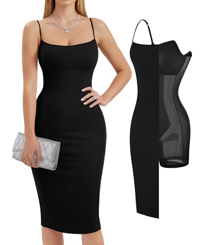 Popilush Womens Summer Shapewear Dress - Bodycon Cocktail Graduation Party Midi Dresses with Built-in Bra