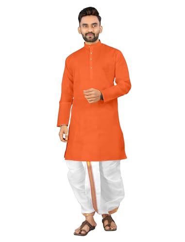Image of UNIQUE MOMENTS Men's Cotton Dhoti Kurta Set with Full Sleeves Solid Pattern Modern Style and Mandarin Collar Neck | Perfect for Puja & Celebrations