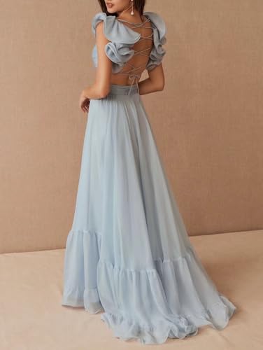 Lawrncedw Chiffon Ruffle Prom Dress for Women V Neck Long Bridesmaid Dresses Backless Formal Evening Gowns A Line2