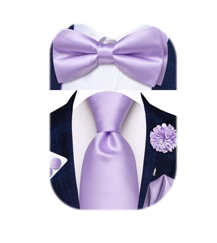 Image of Hi-Tie 5Pcs Mens Solid Color Silk Tie Satin Pretied Bowtie Lapel Pin for Men Handkerchief Cufflink Wedding Gift Box