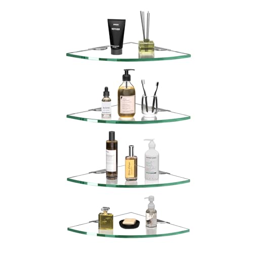 Corner Glass Shower Caddy 4 Pack 8MM-Thick Tempered Glass Shelf No Drilling Wall Mount Corner Mounted Shelves Space Saver Adhesive Bathroom Home Shelf Shampoo Holder Organizer Strong Adhesion