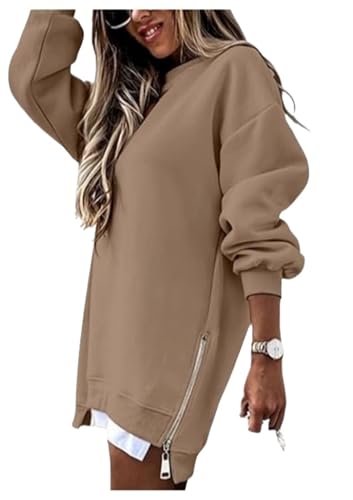 Langärmeliges Pullover-Sweatshirt-Kleid mit Reißverschluss und Schlitzen für Damen, Y2K, Seitenschlitze, Reißverschluss, übergroßer...