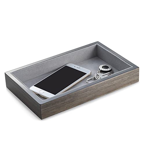 Bey-Berk Erin Grey Wood Valet Tray (Grey), 9.5" x 6" High-Lacquer Open Catchall for Phone, Keys, Wallet and Jewelry, Soft Velour-Lined Desk or Nightstand EDC Organizer