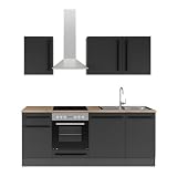 JAZZ 8 Moderne Küchenzeile ohne Elektrogeräte in Schwarz matt, Lanzelot Eiche Optik - Geräumige Einbauküche mit viel Stauraum - 220 x 211 x 60 cm (B/H/T)