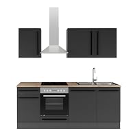 JAZZ 8 Moderne Küchenzeile ohne Elektrogeräte in Schwarz matt, Lanzelot Eiche Optik - Geräumige Einbauküche mit viel Stauraum - 220 x 211 x 60 cm (B/H/T)