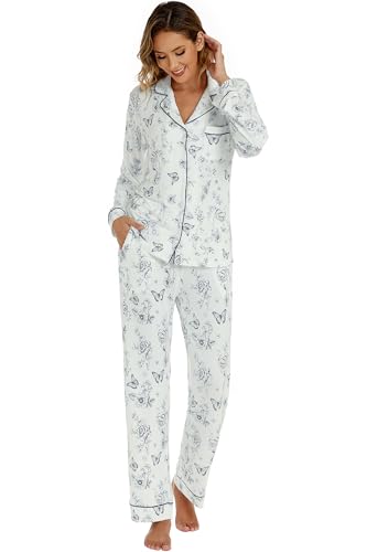 Image of LUBOT Womens Bamboo Viscose Pajamas Set 2 Piece PJs Set for Women Buttery Soft Button-Down Long Sleeve Cozy Printed Sleepwear Loungewear (Butterfly, S)