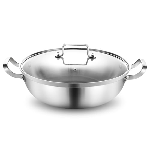 DELARLO Tri-Ply Stainless Steel 14 inch Everyday pan With lid, Everything Pan, Durable Deep Saute Pan, 7QT Induction Cooking Pot,Woks & Stir-Fry Pans Oven Safe Stock Pot