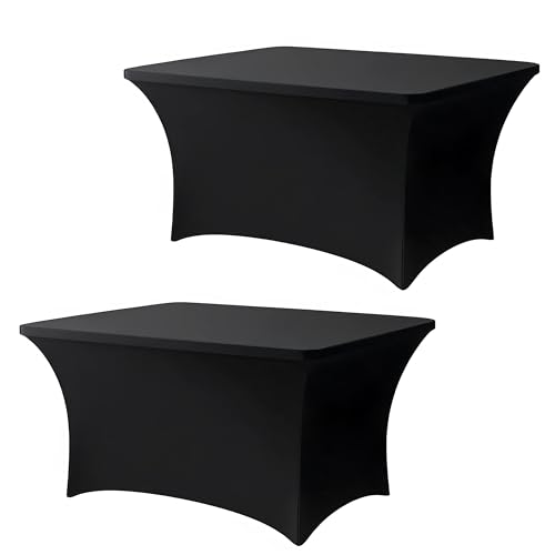 Lemict 4FT Black Table Cloth - 2 Pack, Fitted Stretch Rectangle Spandex Tablecloth, Washable Table Cover for Party, Dining, Wedding, Banquet and Festival(Black, 30