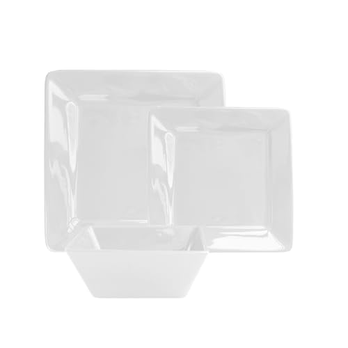 American Atelier Kingsley Casual Square Dinnerware Set – 12-Piece Stoneware Party Collection w/ 4 Dinner Plates, 4 Salad Plates, & 4 Bowls – Unique Gift Idea, White-12