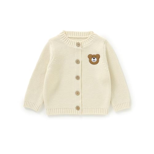 Avibae Baby Knitted Cardigan Cotton Sweater Jumper Long Sleeve for Baby Boy Girl Toddler with Cute Bear Embroidery White