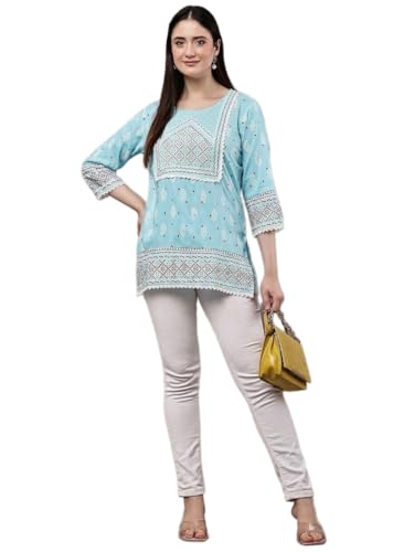 Image of Women's Pink Printed Short Kurti with Lace Trim, 3 /4 Sleeves, Ethnic Indian Style Top