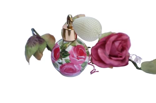 Vintage Ivory Glass Perfume Bottle with Atomizer Bulb - Hand-Painted Pink Roses for Romantic Vanity Decor - Image 6