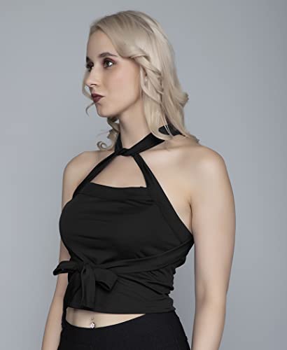 Image of A1728 Women's Basic Solid X Halter Neck V Back Front Tie Knot Crop Top for Women Stylish Western