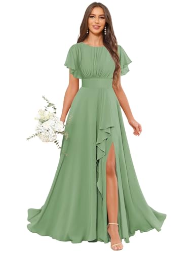 Long Chiffon Bridesmaid Dresses for Women Elegant Pleated Formal Evening Gowns with Slit