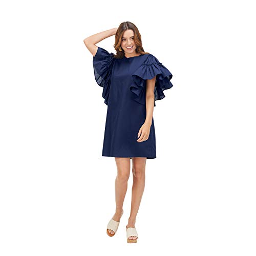 Mud Pie Women Navy Valencia Ruffle Sleeve Dress (Medium), Blue