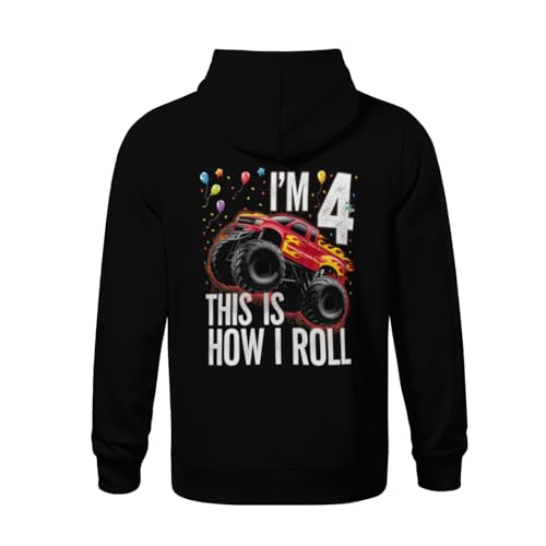 Kids 4 Years Old Shirt 4th Birthday Boy Monster Truck Car Boys Girls Lightweight Kangaroo Pocket Hoodies3