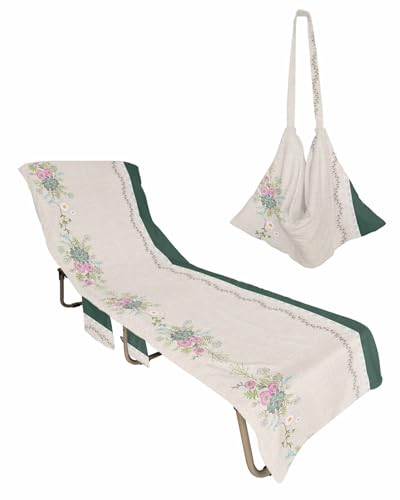 Turquoise Spring Floral Beach Lounge Chair Towel Cover, Soft Chaise Lounge Towel with Side Pockets Patio Pool Chairs Cover for Beach/Pool Sunbathing 29x85 Elegant Luxurious Botanical Rustic