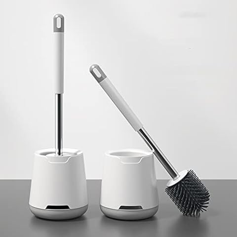 Silicone Toilet Brush with Holder Set Soft Silicone Bristle Bathroom Toilet Bowl Brushes Set, Non-Slip Handle with TPR Soft Bristle, Hollow Wall Mounted Drainage Holder (White-Grey) Cover